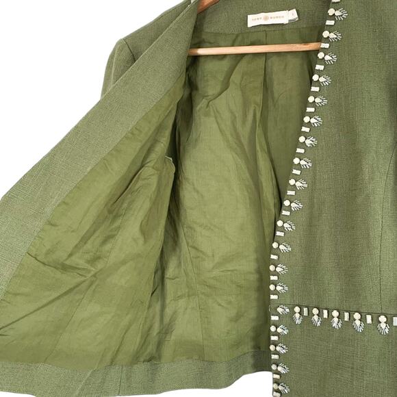 Tory Burch Embellished Avery Linen Boxy Jeweled Crop Jacket Green Silver US 6 - Picture 6 of 11